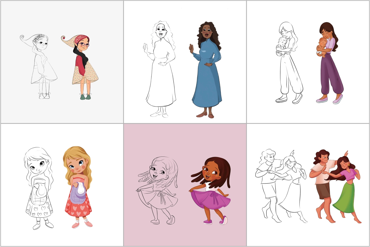 Children's book character design samples showing sketch to full-color process