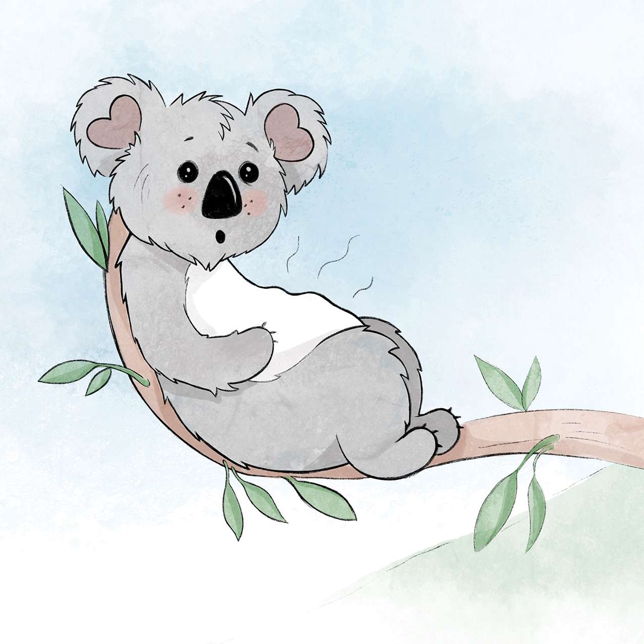 Baby koala on eucalyptus branch — watercolor children's book illustration
