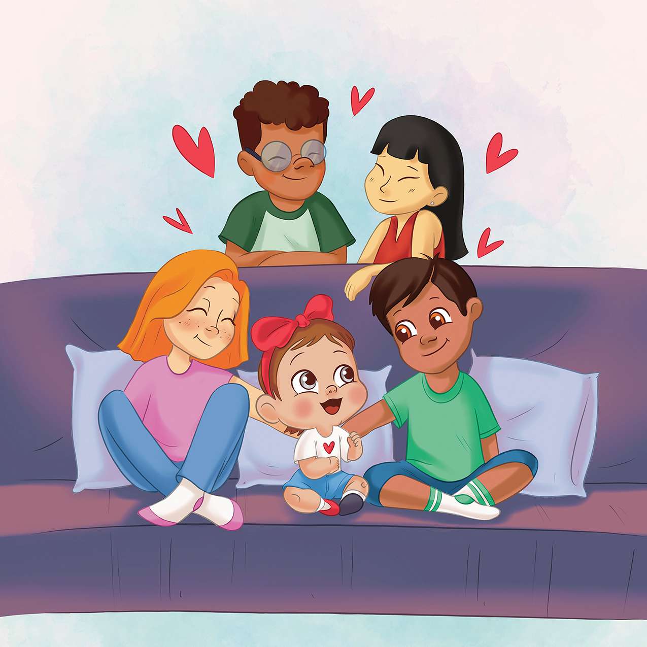 Diverse family with baby on couch — children's book family illustration