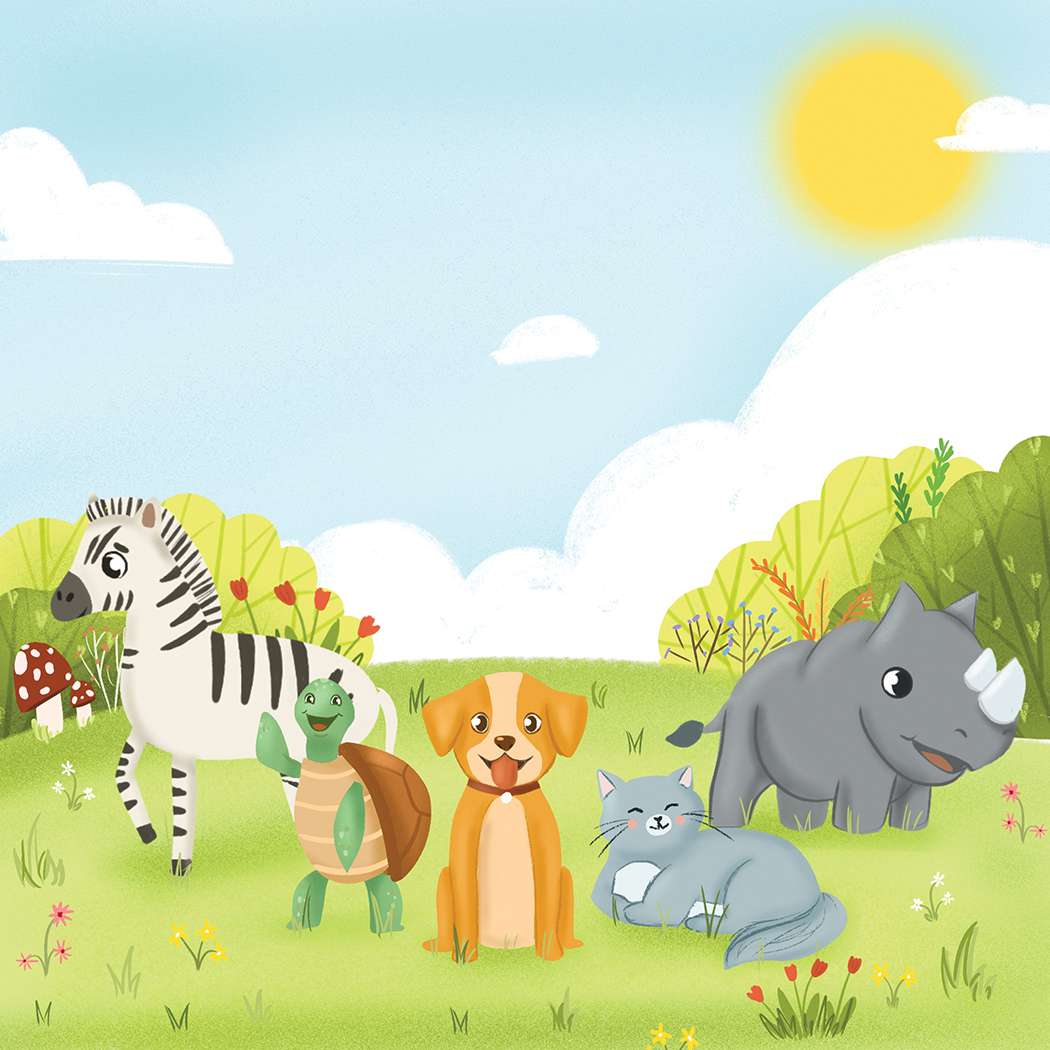Animal friends in sunny meadow — children's book nature illustration