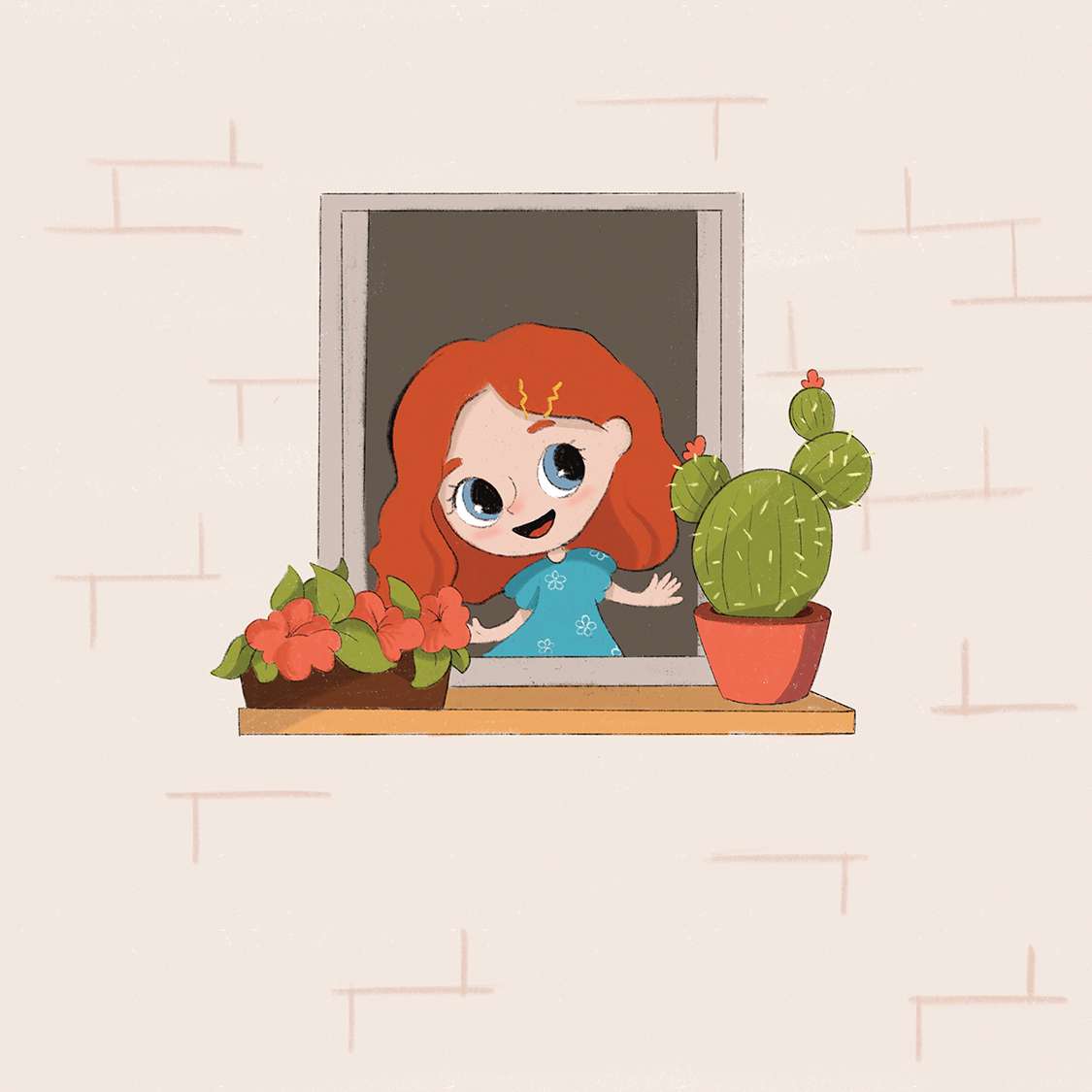 Red-haired girl waving from window with plants — cute children's book illustration