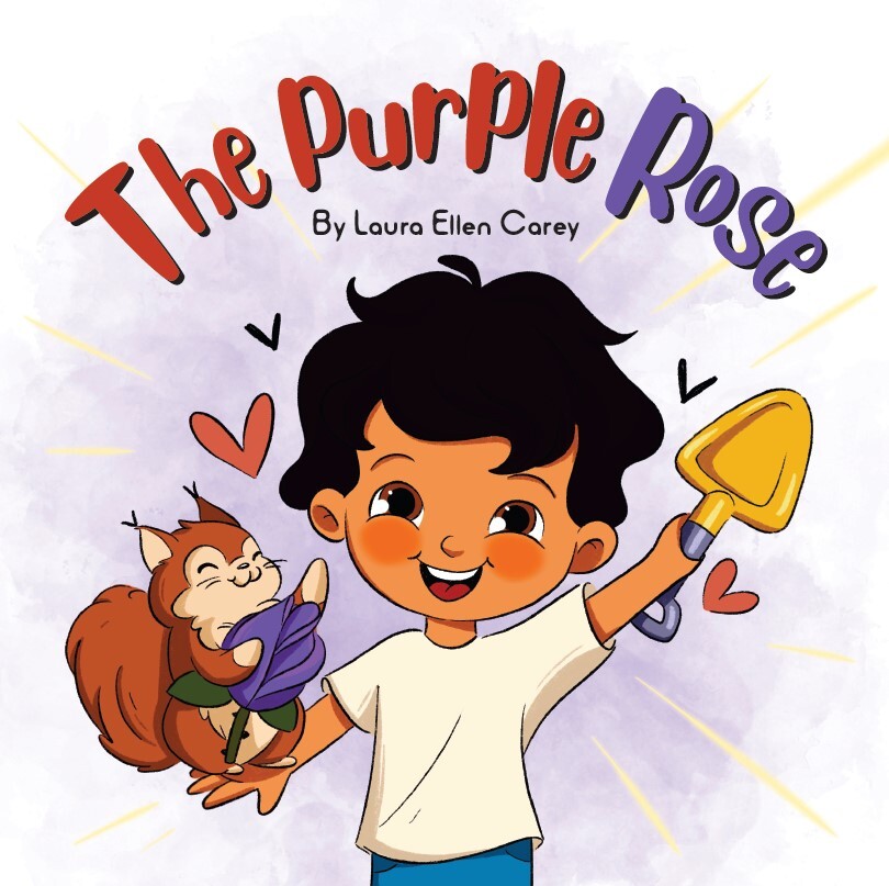 Children's book cover illustration — boy and squirrel in purple rose garden