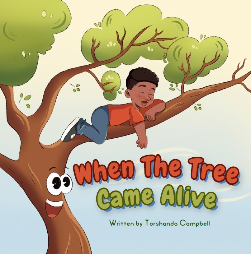 Children's book cover illustration — boy climbing a talking tree in magical forest