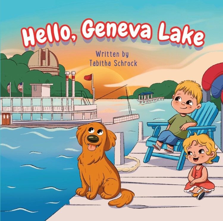 Children's book cover illustration — kids with dog on lake dock in summer