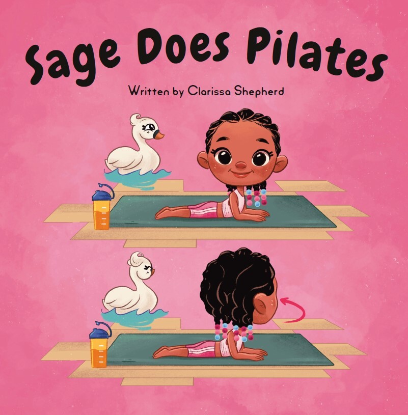 Children's book cover illustration — girl doing pilates exercise in pink